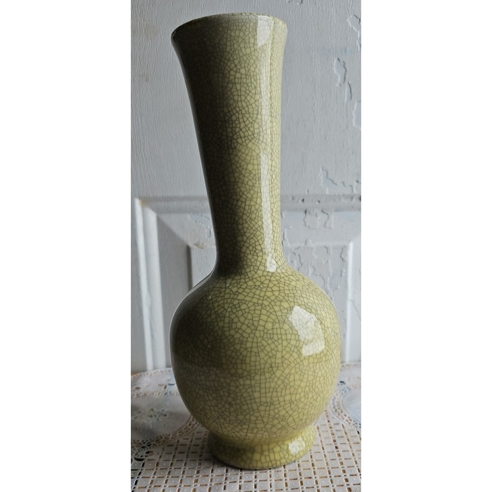 Crackle yellow/gray, bubble on bottle with pedestal, with long neck Vase.